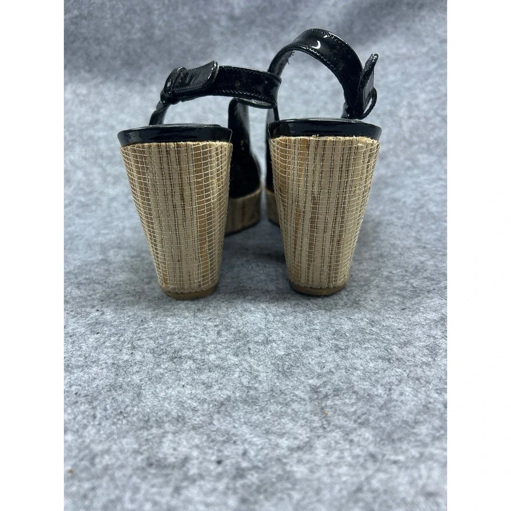 Stuart Weitzman Womens Slingback Wedge 8 Black Patent Leather Bamboo Detail